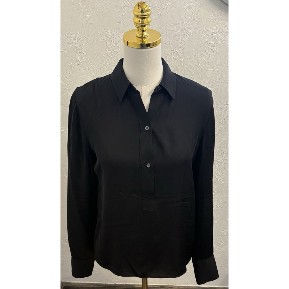 Vince Silk Black Henley Long Sleeve Blouse Size 8 Classic Staple Minimalist